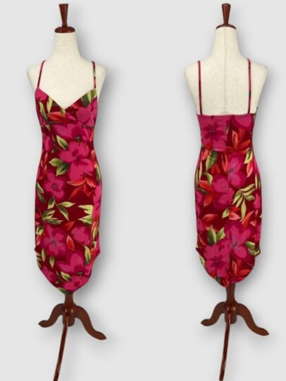 🌺 Vintage City Triangles Hibiscus Floral Midi Slip Dress W/Handkerchief Hem(M)